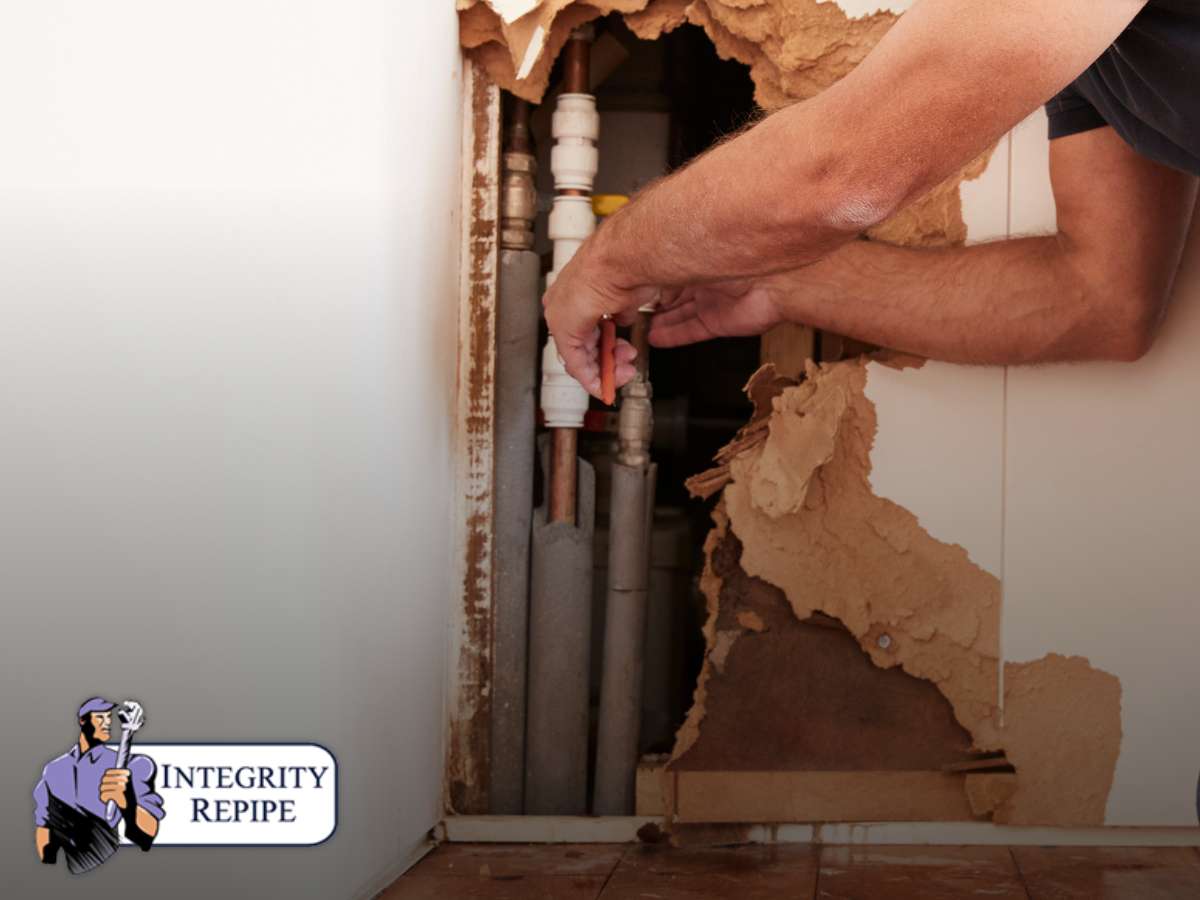 A plumber works on repairing a home's plumbing system behind a damaged wall, showcasing the need for repiping and maintenance